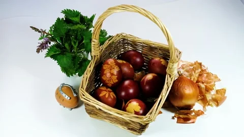 Naturally colored Easter eggs with onion skin and dried flowers Stock Footage 171912109