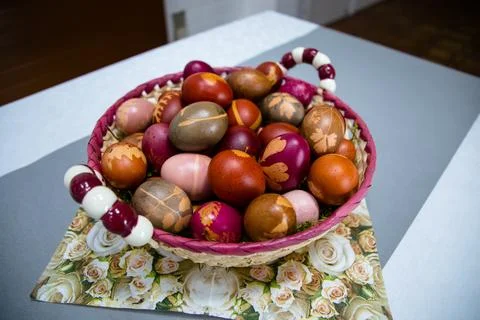 Naturally Dyed Easter Eggs with Leaf Patterns Stock Photos