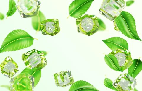 Nature 3d background with green tea leaves or mint and ice cube falling and Illustrazione stock