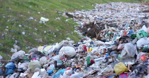 Nature with abandoned waste dump on cloudy sky horizon. Filmed in slow motion Stock Footage 155728683