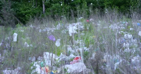 Nature with abandoned waste dump on cloudy sky horizon. Filmed in slow motion Stock Footage 155728764
