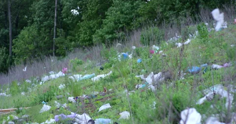 Nature with abandoned waste dump on cloudy sky horizon. Filmed in slow motion Stock Footage 155728874