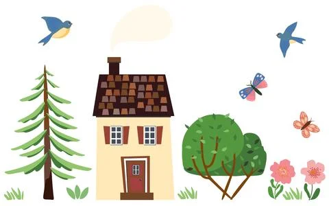 Nature and garden elements collection yellow house, spruce tree, flowers, bu Stock Illustration