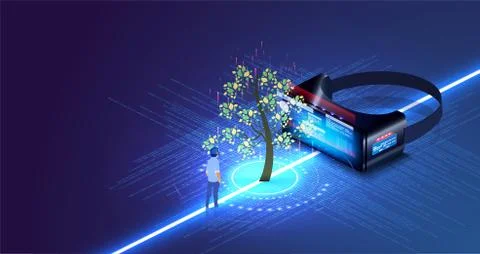 Nature and technology interaction. Tree with futuristic element. Virtual digital Illustrazione stock