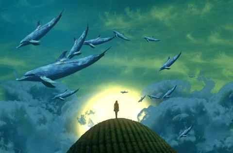 Nature and wilderness theme. Imaginary world. Alternative realm. Surrealism. Illustrazione stock