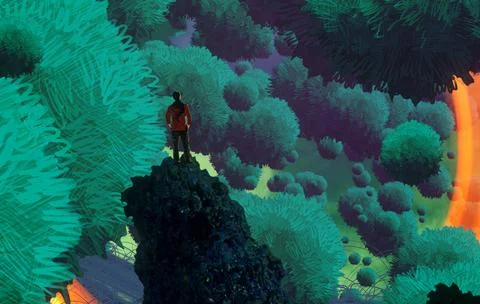 Nature and wilderness theme. Imaginary world. Alternative realm. Surrealism. Stock Illustration