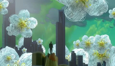 Nature and wilderness theme. Imaginary world. Alternative realm. Surrealism. Stock Illustration