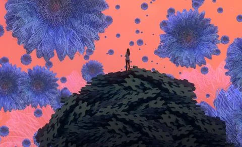 Nature and wilderness theme. Imaginary world. Alternative realm. Surrealism. Illustrazione stock