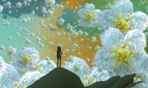 Nature and wilderness theme. Imaginary world. Alternative realm. Surrealism. Illustrazione stock