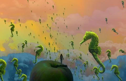 Nature and wilderness theme. Imaginary world. Alternative realm. Surrealism. Stock Illustration