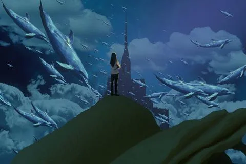 Nature and wilderness theme. Imaginary world. Alternative realm. Surrealism. Illustrazione stock