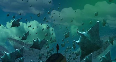 Nature and wilderness theme. Imaginary world. Alternative realm. Surrealism. Stock Illustration