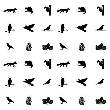 Nature and wildlife pattern featuring black silhouettes of forest animals, .. Stock Illustration