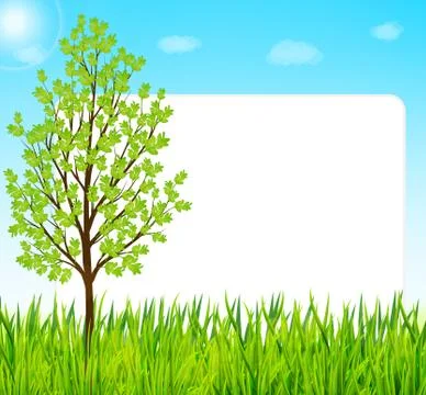 Nature background with green grass, tree and blue sky Stock Illustration