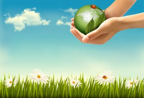 Nature background with hands holding a globe. vector illustration. Stock Illustration
