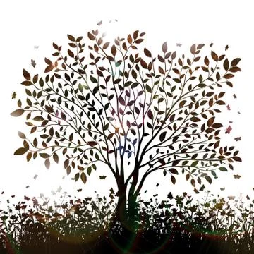 Nature background with tree and grass silhouettes vector Stock Illustration