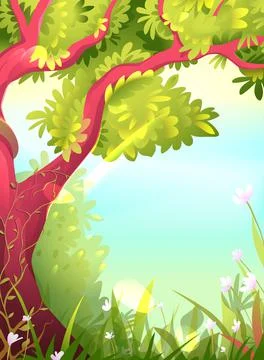 Nature Background with Tree Grass and Sunny Summer Stock Illustration