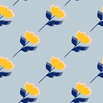Nature bright seamless pattern with yellow simple flower silhouettes. Blue pa Stock Illustration
