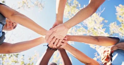 Nature, circle and people with stack of hands for support, solidarity and t.. Stock Photos