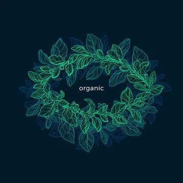 Nature circle frame. Vector green foliage on black background. Night jungle.  Stock Illustration