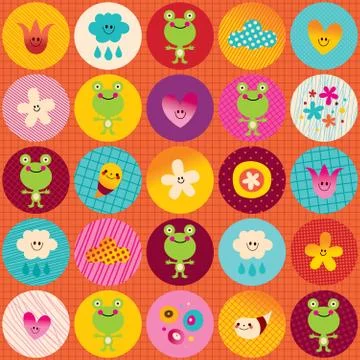 Nature circles pattern cute frogs flowers clouds Illustrazione stock