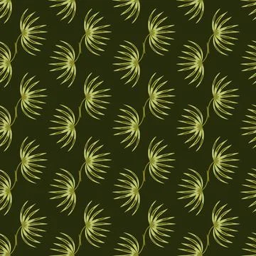 Nature doodle seamless pattern with olive little tropic bush silhouettes. Dar Stock Illustration