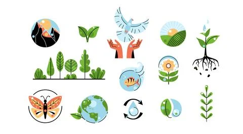 Nature ecology icon set vector illustration. Flat design of eco symbol green  Stock Illustration
