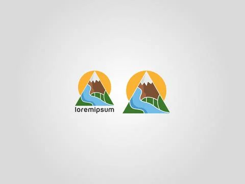 Nature Element Mountain, Waterfall Sun Logo Illustration In natural Warm Colo Stock Illustration