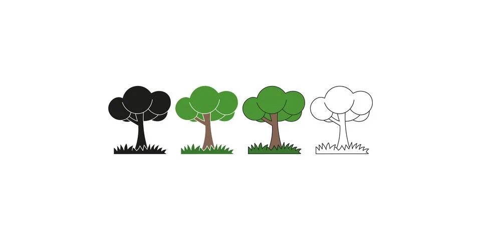 Nature Element Tree Illustration in Black Outline and Natural Colors Stock Illustration