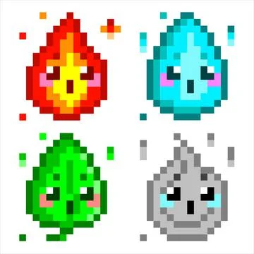 Nature elementals vector pixel art. 4 classical elements earth, water, air, fire Stock Illustration