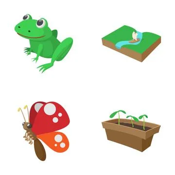 Nature elements collection featuring frog, landscape, butterfly, and seedling Stock Illustration