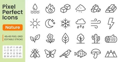 Nature elements line icon set. Summer season, ice cube, tree wood, flower, moon Stock Illustration