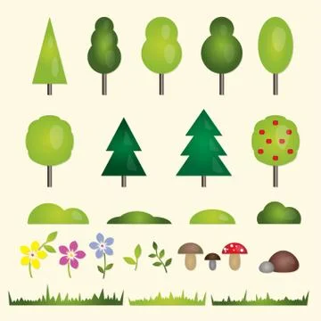 Nature elements set. Forest and garden flat symbols of the landscape: trees, fir Illustrazione stock