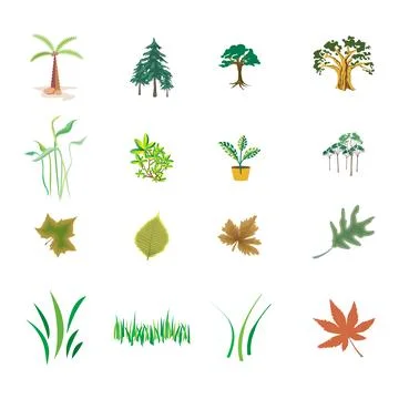 Nature-elements-tree-leaf-grass-vector-illustration-set Illustrazione stock