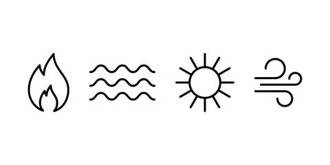 Nature elements water, fire, air and sun line icon set. Wave, flame, wind and Stock Illustration
