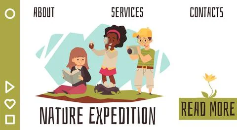 Nature expedition, curious kids explore world in flat vector illustration Stock Illustration