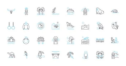 Nature exploration linear icons set. Wonder, Discovery, Adventure, Hike, Trek Stock Illustration