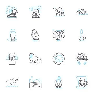 Nature exploration linear icons set. Wonder, Discovery, Adventure, Hike, Trek Stock Illustration