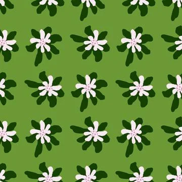 Nature flora seamless pattern with simple white daisy silhouettes on green ba Illustrazione stock