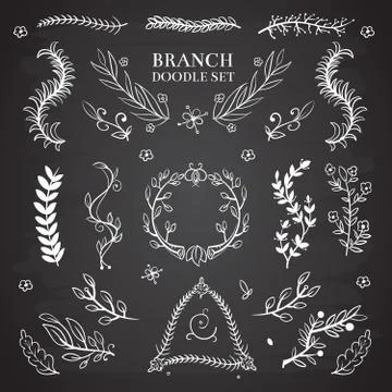 Nature floral vector doodle elements, vintage wedding branch wreaths on Stock Illustration