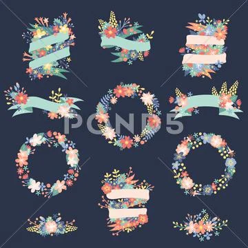 Nature flowers wreath with flowers, foliage ribbons Stock Illustration