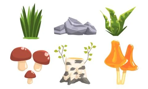 Nature Forest Landscape Elements Set, Plants, Stones, Birch Stump, Mushrooms Stock Illustration