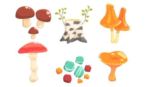 Nature Forest Landscape Elements Set, Plants, Stones, Birch Stump, Mushrooms Illustrazione stock