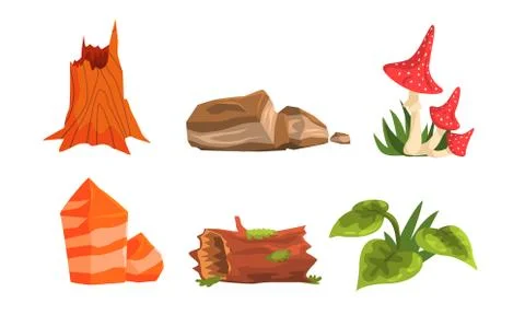 Nature Forest Landscape Elements Set, Green Plants, Stones, Stump, Fly Agaric 스톡 일러스트