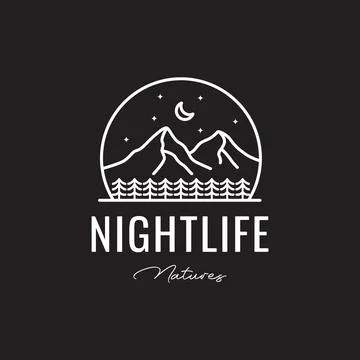 Nature forest pine trees mountain crescent line art minimal logo design vecto Stock Illustration