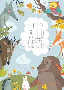 Nature frame with trees, animal and birds Stock Illustration
