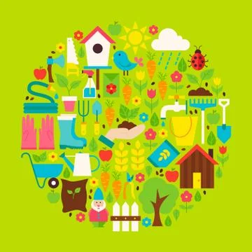 Nature Gardening Vector Flat Circle Shaped Objects Set Stock Illustration