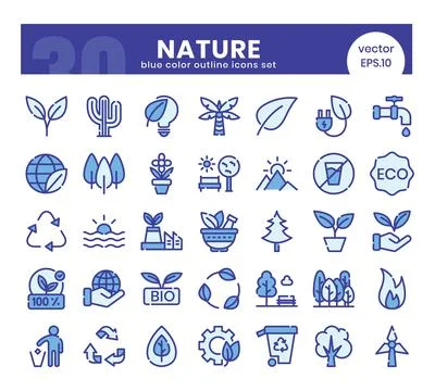 Nature Icons Bundle. Blue colored outline icons style. Vector illustration. Illustrazione stock