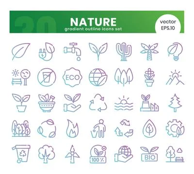 Nature Icons Bundle. Gradient outline icons style. Vector illustration. Stock Illustration