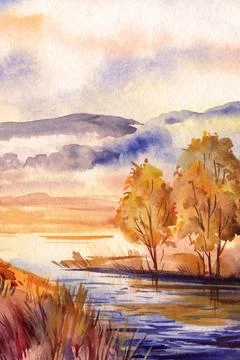 Nature illustration with lush fields of meadows, mountain and river, Watercolor Stock Illustration